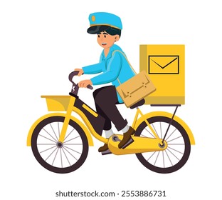 postman delivering letters and parcels riding an electric bicycle. vector illustration.