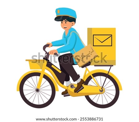 postman delivering letters and parcels riding an electric bicycle. vector illustration.