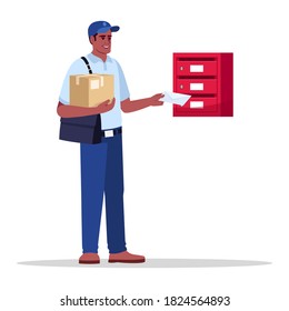 Postman delivering mail and parcel semi flat RGB color vector illustration. Mailman putting envelope in apartment mailbox. Postal service male worker isolated cartoon character on white background