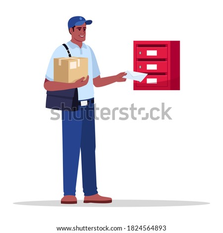 Postman delivering mail and parcel semi flat RGB color vector illustration. Mailman putting envelope in apartment mailbox. Postal service male worker isolated cartoon character on white background