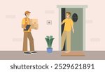 Postman delivering package. Warehouse delivery service. Front door delivery. Delivery services. Delivery checking. Customer online shop.