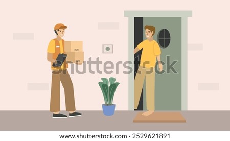 Postman delivering package. Warehouse delivery service. Front door delivery. Delivery services. Delivery checking. Customer online shop.