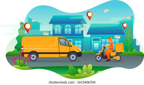 A postman delivering parcel using Yellow Van and Motor bike