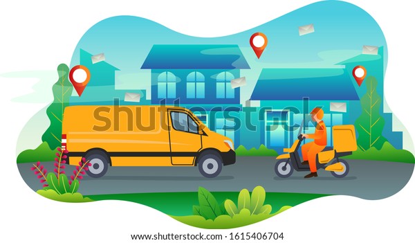 A postman delivering parcel using Yellow Van and\
Motor bike