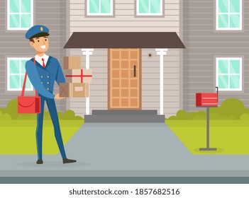 Postman Delivering Parcels at Home, Mailman in Blue Uniform Delivering Mails and Packagings to Customers, Delivery Service Concept Vector Illustration