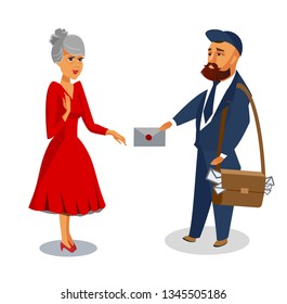 Postman Delivers Mail Vector Isolated Illustration. Mailman Bringing Letters Flat Illustration. Cartoon Character Holding Envelope Drawing. Courier Service Poster Concept. Woman Getting Correspondence