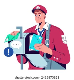 Postman delivers paper correspondence to postbox. Mailman puts letters, envelopes in mailbox. Mail notification by post service. Email concept. Flat isolated vector illustration on white background