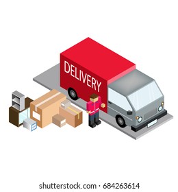 postman and delivery car isometric vector illustration