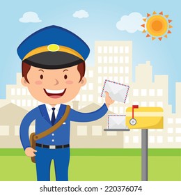 Postman delivery mail. Friendly postman in blue uniform with bag and letters.