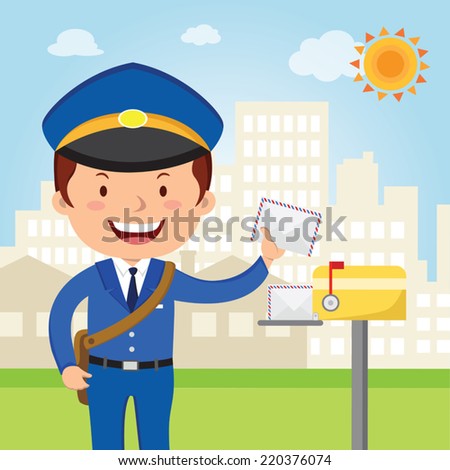 Postman delivery mail. Friendly postman in blue uniform with bag and letters.