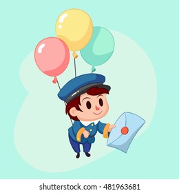 Postman delivery mail. Friendly post man in blue uniform with letter. Funny cartoon vector illustration eps10