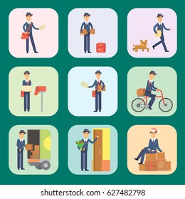 Postman delivery man cards character vector courier occupation carrier cute male package transportation.
