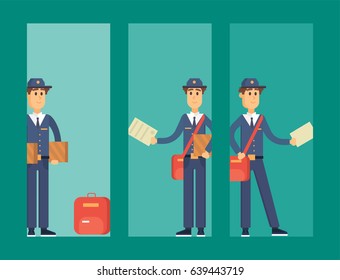 Postman delivery man cards character vector courier occupation carrier cute male package transportation.