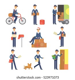Postman delivery man character vector walking on street with mail pack and post office and car. Cute adorable male cartoon character