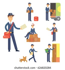 Postman delivery man character vector walking on street with mail pack and post office and car. Cute adorable male cartoon character