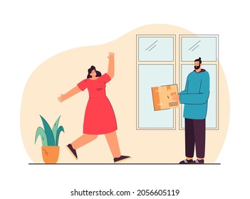 Postman or deliveryman giving parcel to woman who in a hurry to receive it. Courier delivering order to customers home flat vector illustration. Delivery service, shipment, logistics concept