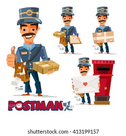 Postman in difference action with typographic for header design. character design. logotype - vector illustration