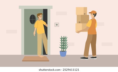 Postman distribui pacotes. Serviço de entrega de correio. Entrega de casa. Entrega rápida. Forneça expresso. Trabalhador do depósito. Distribuição de depósito. Entrega na porta da frente.