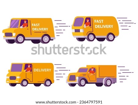 The postman is driving a van.Isolated on white background.Flat vector.Moving is a fast driver.Shipping fast delivery truck.Delivery truck with man.Delivery courier man.Cargo transportation.