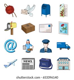 Postman, envelope, mail box and other attributes of postal service.Mail and postman set collection icons in cartoon style vector symbol stock illustration web.