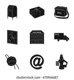 Postman, envelope, mail box and other attributes of postal service.Mail and postman set collection icons in black style vector symbol stock illustration web.