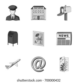 Postman, envelope, mail box and other attributes of postal service.Mail and postman set collection icons in monochrome style vector symbol stock illustration web.