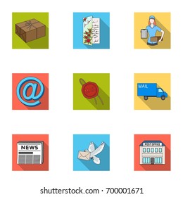 Postman, envelope, mail box and other attributes of postal service.Mail and postman set collection icons in flat style vector symbol stock illustration web.
