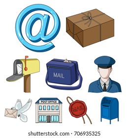 Postman, envelope, mail box and other attributes of postal service.Mail and postman set collection icons in cartoon style vector symbol stock illustration web.