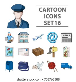 Postman, envelope, mail box and other attributes of postal service.Mail and postman set collection icons in cartoon style vector symbol stock illustration web.