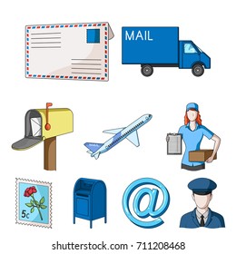 Postman, envelope, mail box and other attributes of postal service.Mail and postman set collection icons in cartoon style vector symbol stock illustration web.