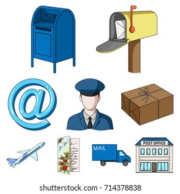 Postman, envelope, mail box and other attributes of postal service.Mail and postman set collection icons in cartoon style vector symbol stock illustration web.
