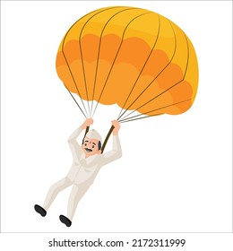 Postman is flying with a parachute. Vector graphic illustration. Individually on white background.