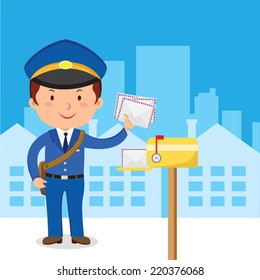 Postman. Friendly postman in blue uniform with bag and letters.