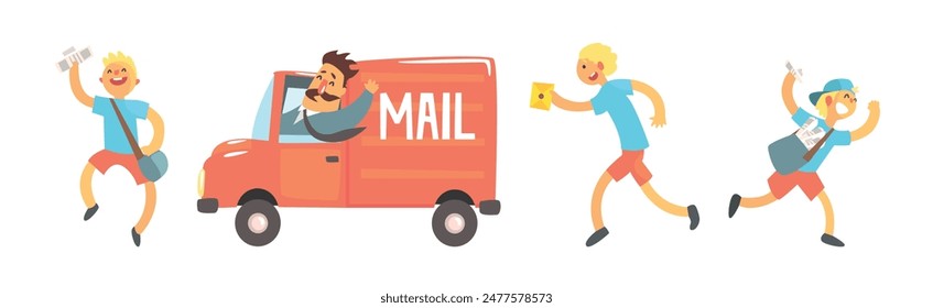 Postman Funny Character Delivering Post and Letters Vector Set