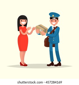 Postman gives a woman a parcel. Vector illustration of a flat design