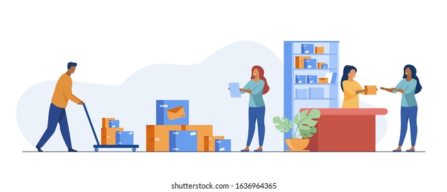 Postman giving parcel to customer in post office. Courier removing boxes from handcart. Vector illustration for shipping, delivery, logistic service concept