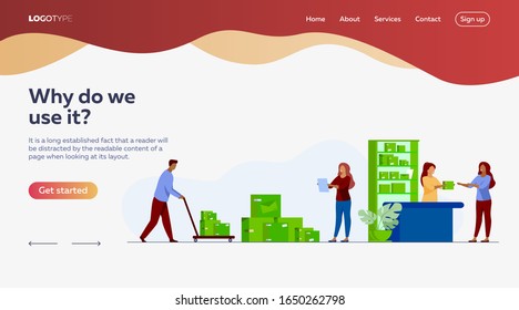 Postman giving parcel to customer in post office. Courier removing boxes from handcart. Vector illustration for shipping, delivery, logistic service concept