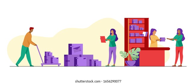 Postman giving parcel to customer in post office. Courier removing boxes from handcart. Vector illustration for shipping, delivery, logistic service concept