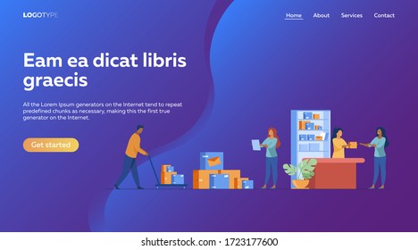 Postman giving parcel to customer in post office. Courier removing boxes from handcart. Vector illustration for shipping, delivery, logistic service concept