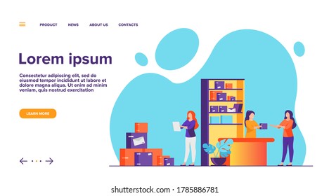Postman giving parcel to customer in post office. Courier removing boxes from handcart. Vector illustration for shipping, delivery, logistic service concept