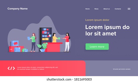 Postman giving parcel to customer in post office. Courier removing boxes from handcart. Vector illustration for shipping, delivery, logistic service concept