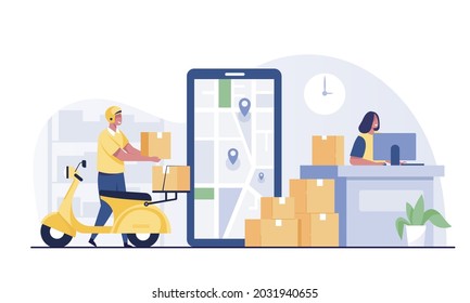 Postman giving parcel to customer in post office.