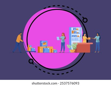 Postman giving parcel to customer in post office. Courier removing boxes from handcart. Vector illustration for shipping, delivery, logistic service concept