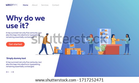 Postman giving parcel to customer in post office. Courier removing boxes from handcart. Vector illustration for shipping, delivery, logistic service concept