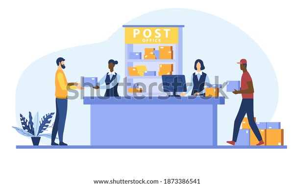 Postman giving parcel to customer in post\
office. Courier carrying boxes. Flat cartoon vector illustration\
for shipping, delivery, logistic service\
concept