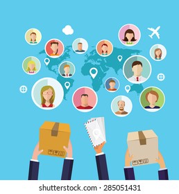 Las manos de Postman dan sobres y paquetes. Ilustración de vectores planos.  Concepto de servicio de correos.