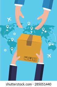 Postman Hands Give Parcel Flat Vector Illustration.  Post Service concept.