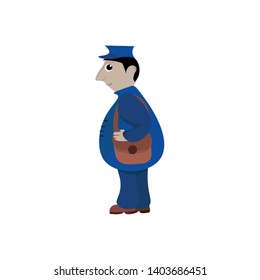 A postman in his blue uniform and a hat with a long-clutch brown sling bag on his shoulders is smiling set isolated on white background viewed from the side, vector, color drawing or illustration.