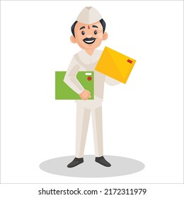 Postman is holding envelope in both hands. Vector graphic illustration. Individually on white background. 