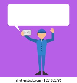 Postman holding envelope with empty speech bubble. Vector illustration
